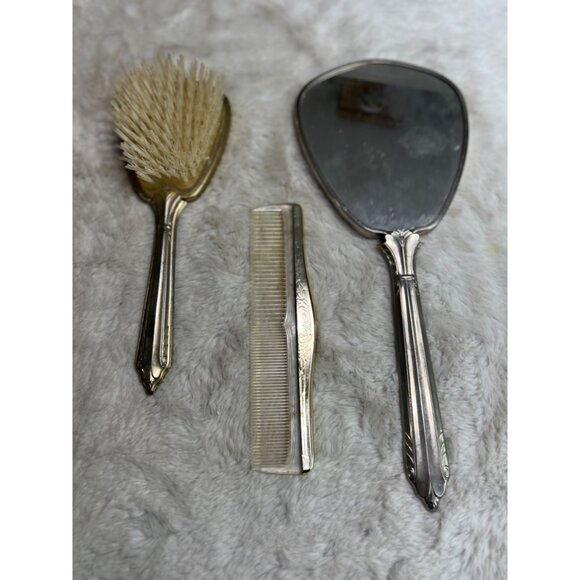 3 piece silver plated dresser set mirror, comb, hairbrush - Picture 4 of 5